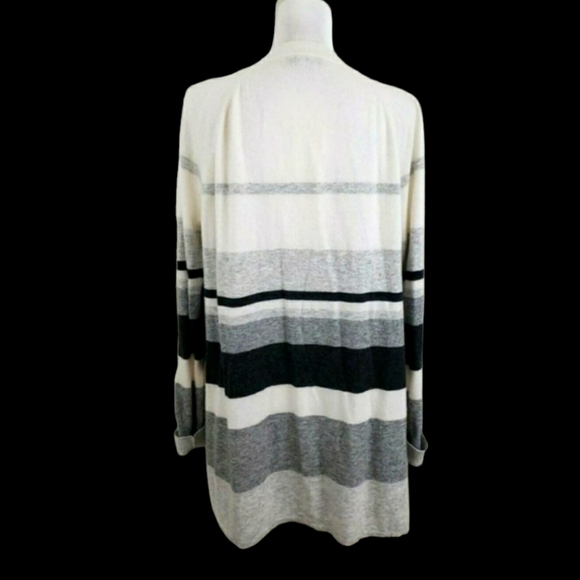 LOFT ~Woman Size L~ White/Gray Striped Waterfall Open Front Cardigan Wool Blend. - Picture 8 of 11